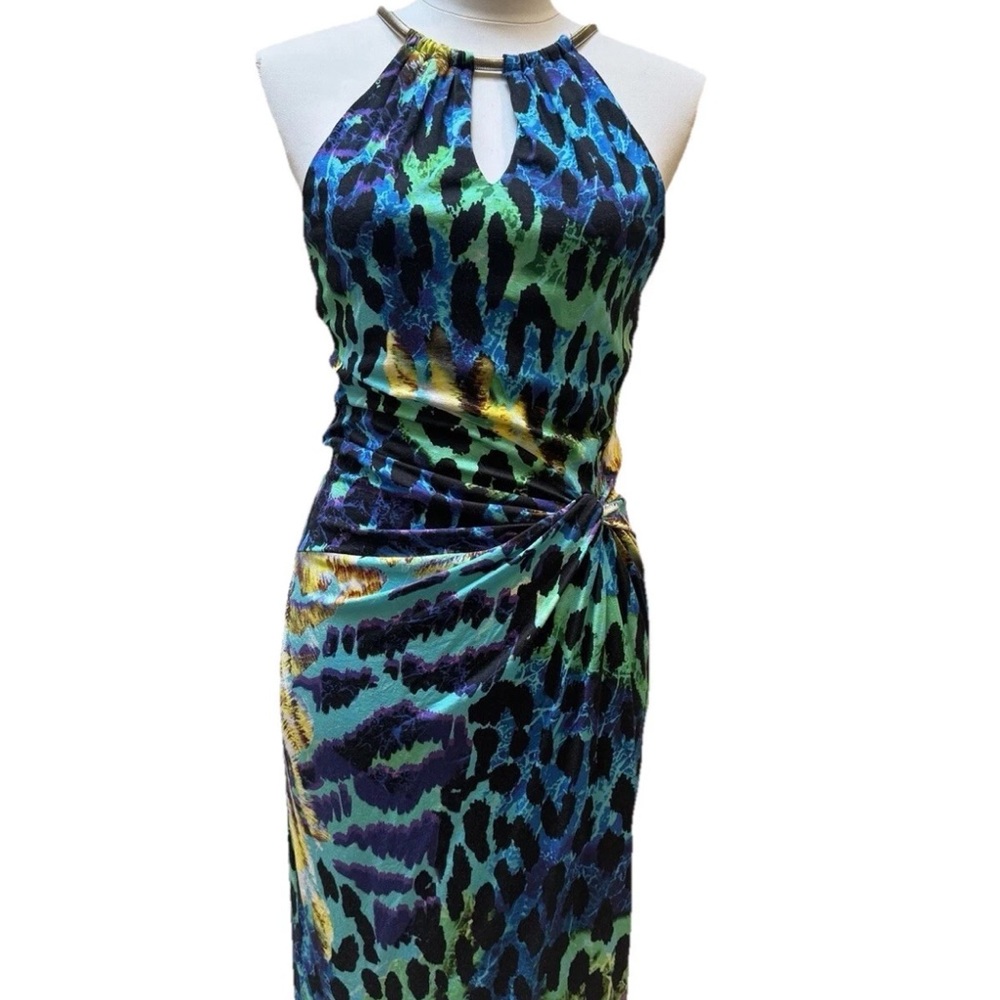 VTG Cache Multicolor Leopard Print Halter Necklace Bodycon Dress - Sz S